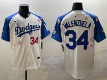Men's Los Angeles Dodgers #34 Fernando Valenzuela White/Royal 2025 Tokyo Series Limited Stitched Jersey