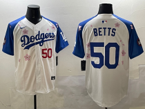 Men's Los Angeles Dodgers #50 Mookie Betts White/Royal 2025 Tokyo Series Limited Stitched Jersey