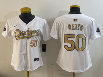 Women Los Angeles Dodgers #50 Mookie Betts White 2025 Gold Collection Limited Stitched Jersey