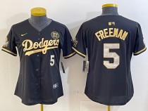 Women Los Angeles Dodgers #5 Freddie Freeman Black/Gold 2024 World Series and 24 patch Jersey
