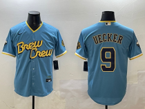 Men's Milwaukee Brewers #9 Bob Uecker Powder Blue City Connect With Patch Jersey