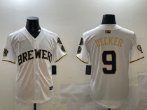 Men's Milwaukee Brewers #9 Bob Uecker White/Gold With Home Patch Limited Stitched Jersey