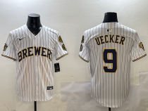Men's Milwaukee Brewers #9 Bob Uecker White With Home Patch Limited Stitched Baseball
