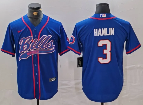 Men's Buffalo Bills #3 Damar Hamlin Blue With Patch Cool Base Stitched Baseball Jersey
