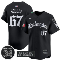 Men's Los Angeles Dodgers #67 Vin Scully Black Mexico 2025 LA Gothic Style With Fernando And 2024 Jersey
