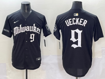 Men's Milwaukee Brewers #9 Bob Uecker Black Gothic Style With Fernando Jersey