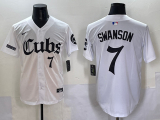 Men's Chicago Cubs #7 Dansby Swanson White Gothic Style With Fernando Jersey