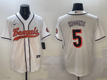 Men's Cincinnati Bengals #5 Tee Higgins White With Patch Cool Base Stitched Baseball Jersey