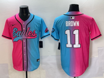 Men's Philadelphia Eagles #11 A. J. Brown Pink/Blue Limited Stitched Baseball Jersey