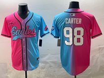 Men's Philadelphia Eagles #98 Carter Pink/Blue Limited Stitched Baseball Jersey
