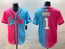 Men's Philadelphia Eagles #1 Jalen Hurts Pink/Blue Limited Stitched Baseball Jersey