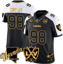 Men's Las Vegas Raiders #98 Maxx Crosby 2024 Anniversary Patch & C Patch Black/White Gold Stitched Jersey