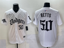 Men's Los Angeles Dodgers #50 Mookie Betts White 2025 LA Gothic Style With 2024 World Jersey