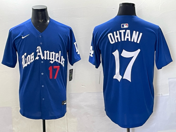 Men's Los Angeles Dodgers #17 Shohei Ohtani Blue 2025 LA Gothic Style With Fernando Jersey