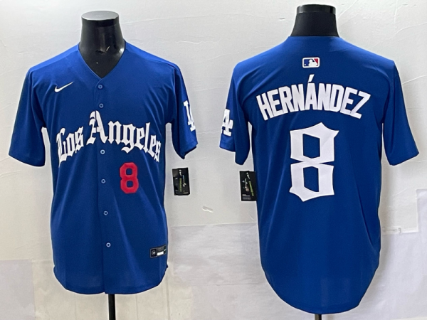 Men's Los Angeles Dodgers #8 Enrique Hernández Blue 2025 LA Gothic Style With Fernando Jersey