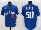 Men's Los Angeles Dodgers #50 Mookie Betts Blue 2025 LA Gothic Style With Fernando Jersey