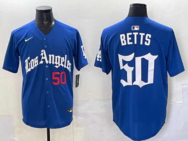 Men's Los Angeles Dodgers #50 Mookie Betts Blue 2025 LA Gothic Style With Fernando Jersey