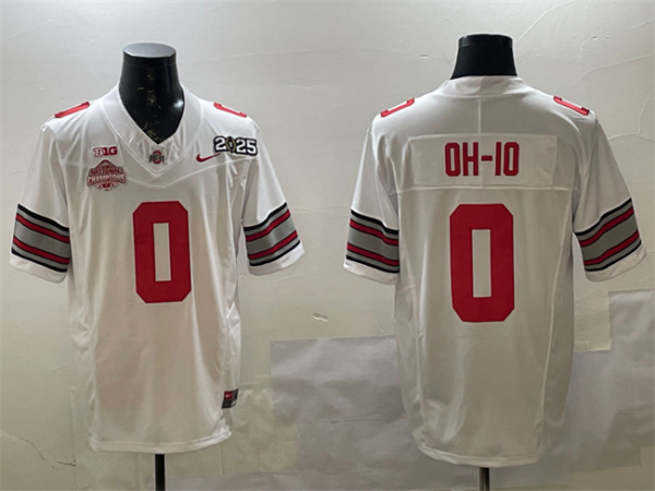 Men's Ohio State Buckeyes #0 OH-IO White 2025 CFP Final With National Champions Patch Jersey