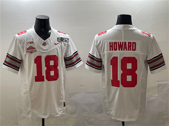 Men's Ohio State Buckeyes #18 Will Howard White 2025 CFP Final With National Champions Patch Jersey