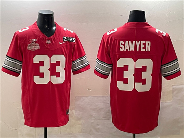 Men's Ohio State Buckeyes #33 Jack Sawyer Red 2025 CFP Final With National Champions Patch Jersey