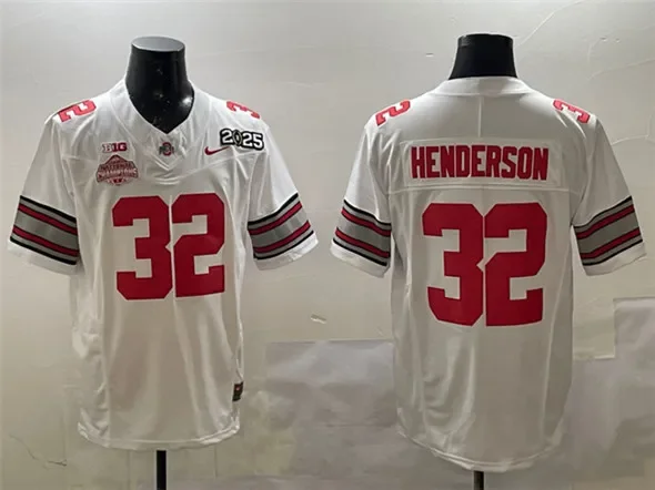 Men's Ohio State Buckeyes #32 TreVeyon Henderson White 2025 CFP Final With National Patch Jersey