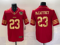 Men's San Francisco 49ers #23 Christian McCaffrey Red/Gold With 75Th Patch Vapor Limited  Jersey