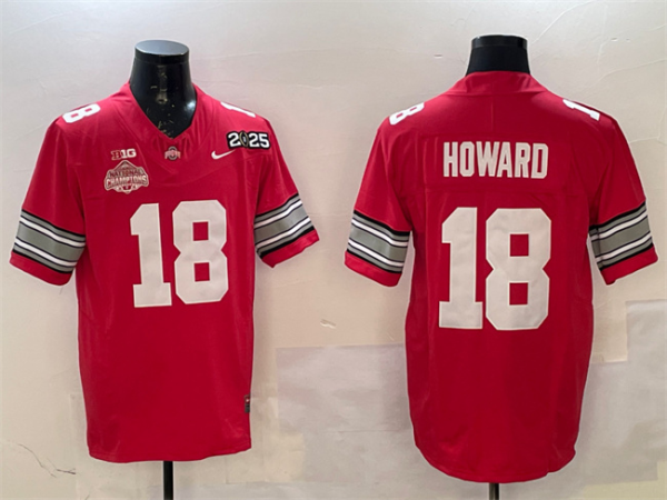 Men's Ohio State Buckeyes #18 Will Howard Red 2025 CFP Final With National Champions Patch Jersey