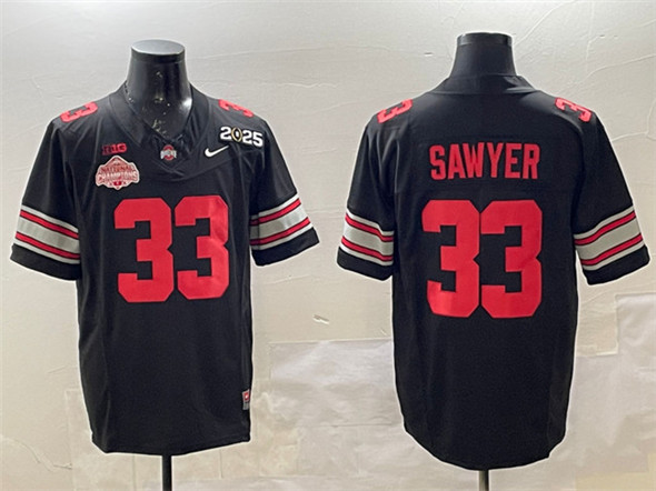 Men's Ohio State Buckeyes #33 Jack Sawyer Black 2025 CFP Final With National Champions Patch Jersey