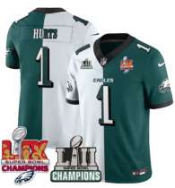 Men's Philadelphia Eagles #1 Jalen Hurts White/Green Split 2025 Super Bowl LIX Patch And Champions Patch Vapor Limited Jersey