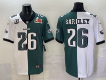 Men's Philadelphia Eagles #26 Saquon Barkley White/Green Split 2025 Super Bowl LIX Patch And C Patch Vapor Limited Jersey