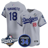 Men's Los Angeles Dodgers #18 Yoshinobu Yamamoto Grey 2025 World Series With No. 34 Patch Jersey