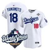 Men's Los Angeles Dodgers #18 Yoshinobu Yamamoto White  2025 World Series Home Stitched Jersey