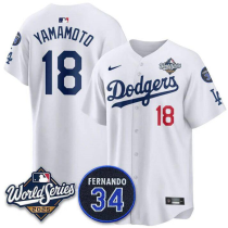 Men's Los Angeles Dodgers #18 Yoshinobu Yamamoto White 2025 World Series With No. 34 Patch Jersey