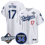 Men's Los Angeles Dodgers #17 Shohei Ohtani White 2025 World Series With No. 34 Patch Jersey