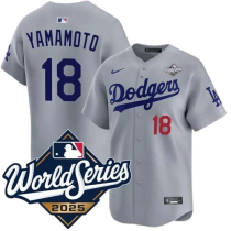 Men's Los Angeles Dodgers #18 Yoshinobu Yamamoto Grey 2025 World Series Home Stitched Jersey