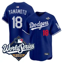 Men's Los Angeles Dodgers #18 Yoshinobu Yamamoto Blue 2025 World Series Home Stitched Jersey