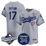 Men's Los Angeles Dodgers #17 Shohei Ohtani Grey 2025 World Series With No. 34 Patch Jersey