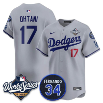 Men's Los Angeles Dodgers #17 Shohei Ohtani Grey 2025 World Series With No. 34 Patch Jersey