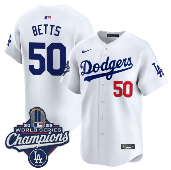 Men's Los Angeles Dodgers #50 Mookie Betts White 2025 Champions Stitched Jersey