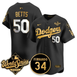 Men's Los Angeles Dodgers #50 Mookie Betts Black Gold 2025 World Series With No.34 Patch Jersey