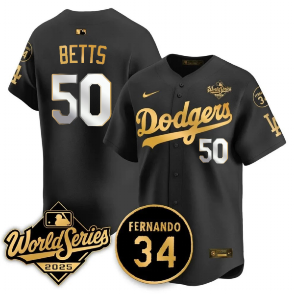 Men's Los Angeles Dodgers #50 Mookie Betts Black Gold 2025 World Series With No.34 Patch Jersey