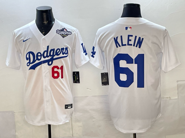 Men's Los Angeles Dodgers #61 Klein White 2025 World Series Home Stitched Jersey