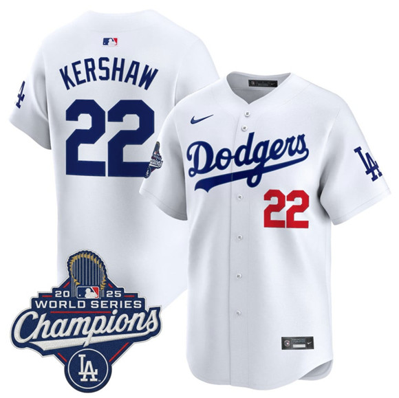Men's Los Angeles Dodgers #22 Clayton Kershaw White 2025 Champions Stitched Jersey