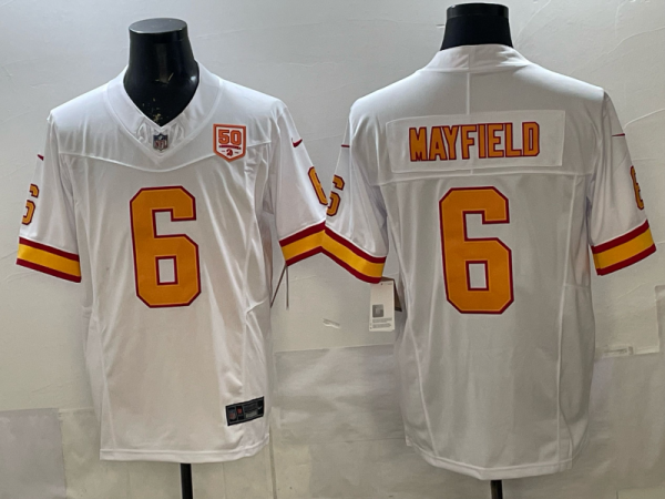 Men's Tampa Bay Buccaneers #6 Baker Mayfield White 50th Season & 4-Star C Jersey