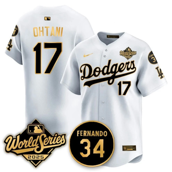 Men's Los Angeles Dodgers #17 Shohei Ohtani White Gold 2025 World Series With No.34 Patch Jersey