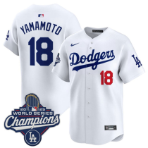 Men's Los Angeles Dodgers #18 Yoshinobu Yamamoto White 2025 Champions Stitched Jersey