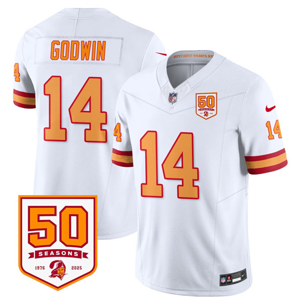 Men's Tampa Bay Buccaneers #14 Chris Godwin White 2025 F.U.S.E. 50th Anniversary Patch Jersey