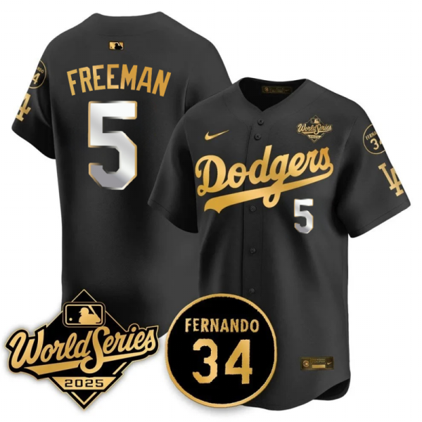 Men's Los Angeles Dodgers #5 Freddie Freeman Black Gold 2025 World Series With No.34 Patch Jersey