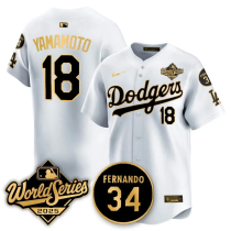 Men's Los Angeles Dodgers #18 Yoshinobu Yamamoto White Gold 2025 World Series With No.34 Patch Jersey