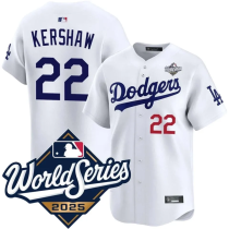 Men's Los Angeles Dodgers #22 Clayton Kershaw White 2025 World Series Jersey